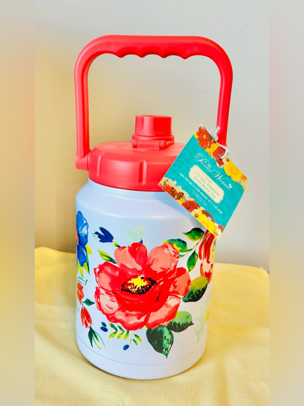 NEW PIONEER WOMAN DELANEY 1/2 GALLON STAINLESS STEEL WATER JUG -Lid Handle Straw